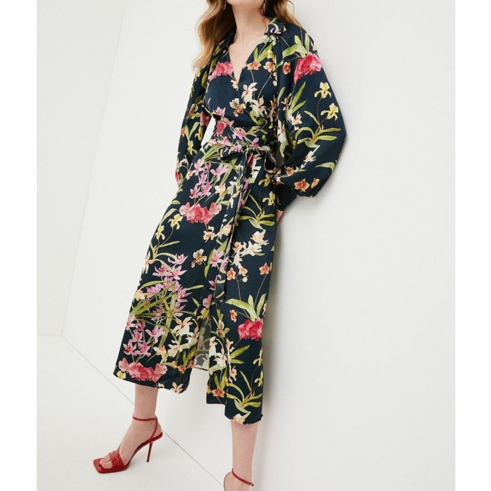 Karen Millen - Floral Print Wrap Front Woven Midi Dress Size 6 NWOT